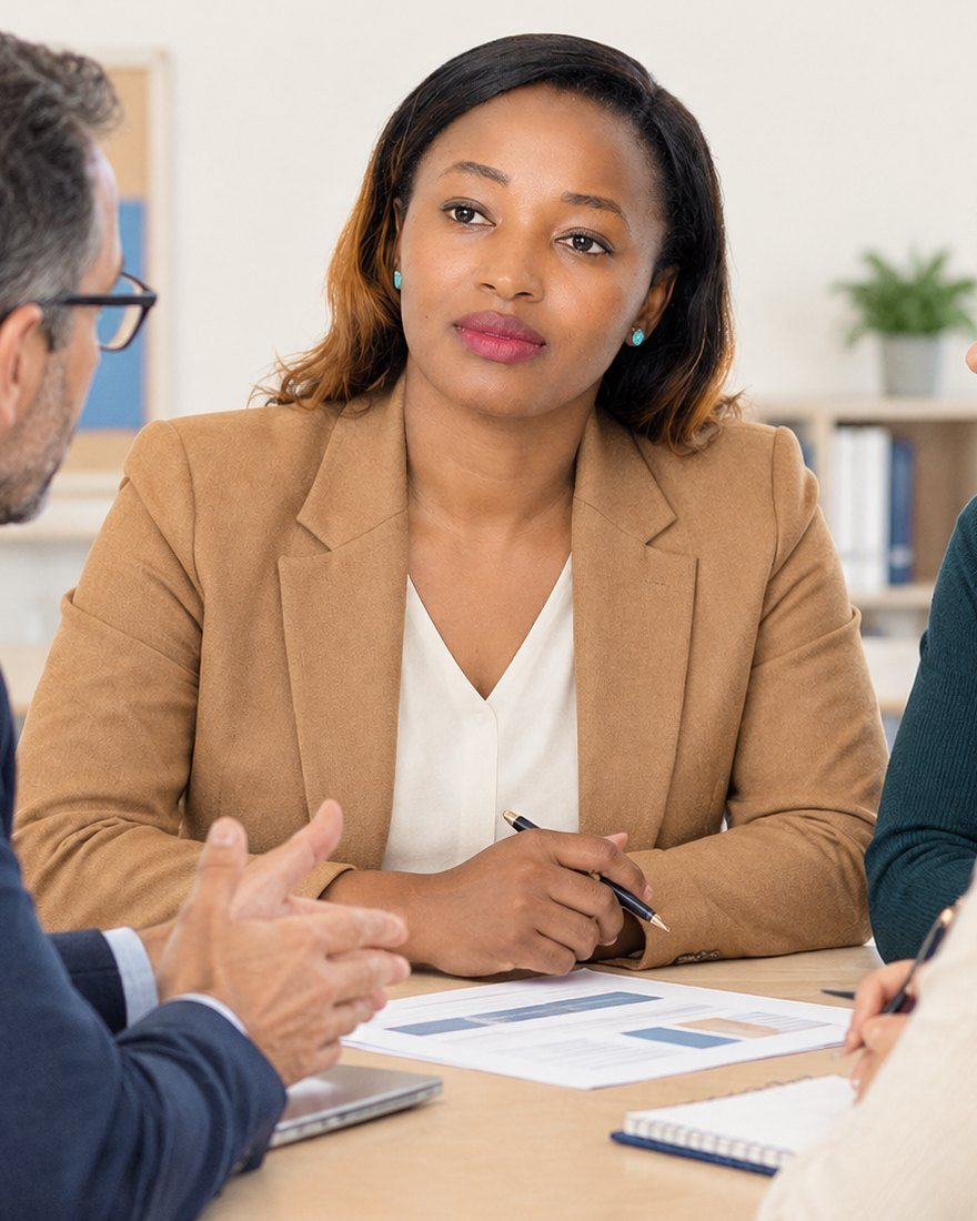 Anne Vani Koïvogui, psychopédagogue, en réunion de travail avec une équipe