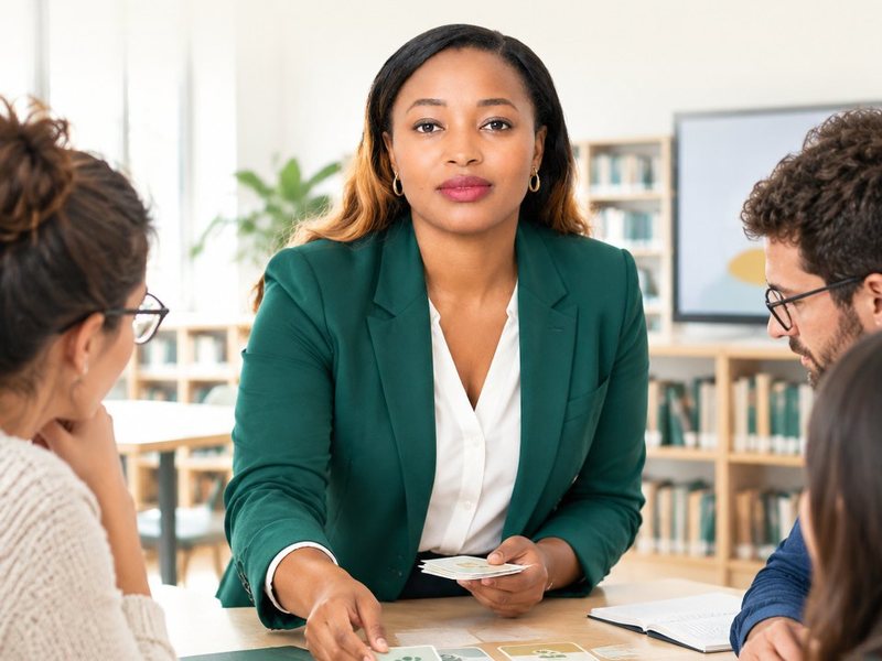 Anne Vani Koïvogui anime une formation avec des enseignants autour d'une table