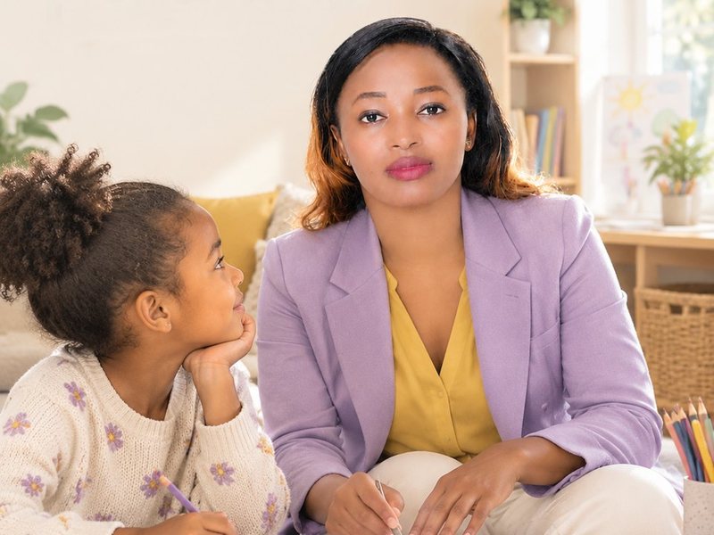 Anne Vani Koïvogui aux côtés d'une petite fille, autour d'un cahier